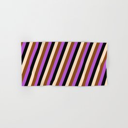 [ Thumbnail: Bisque, Brown, Orchid & Black Colored Striped Pattern Hand & Bath Towel ]
