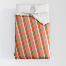 [ Thumbnail: Forest Green, Red, Beige, and Salmon Colored Lined/Striped Pattern Comforter ]