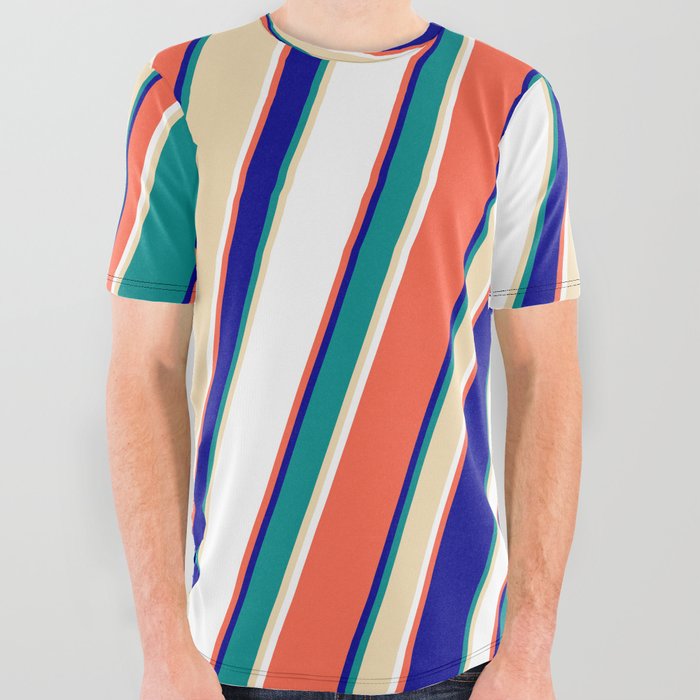 Red, Dark Blue, Dark Cyan, Tan & White Colored Lined/Striped Pattern All Over Graphic Tee