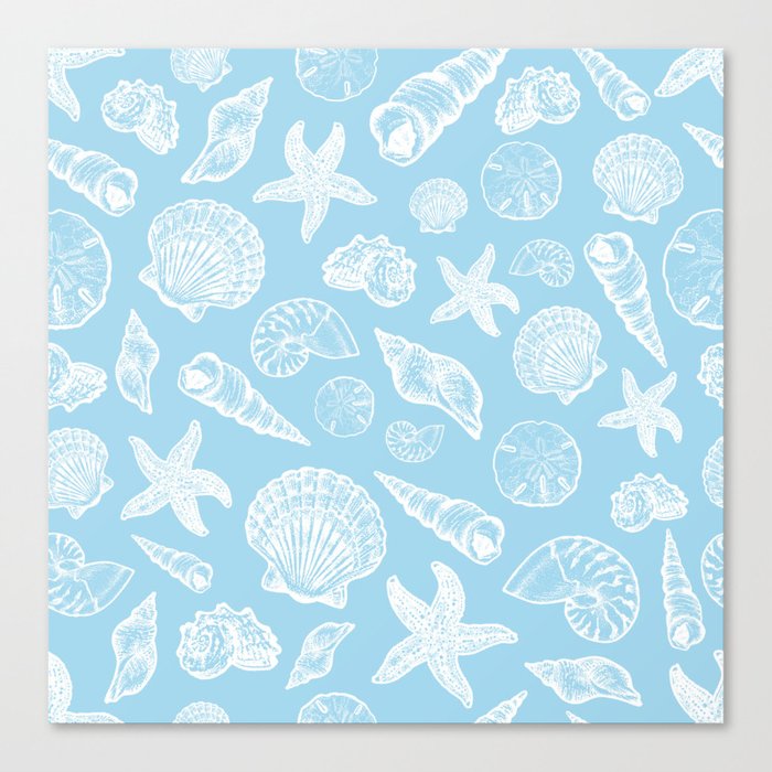 Seashell Print - Light Blue and White Canvas Print