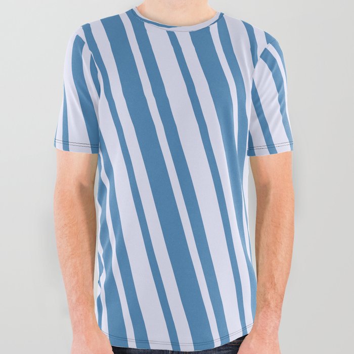 Lavender and Blue Colored Striped/Lined Pattern All Over Graphic Tee