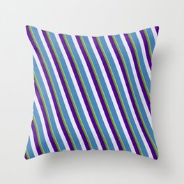 [ Thumbnail: Vibrant Dark Sea Green, Green, Indigo, Lavender, and Blue Colored Pattern of Stripes Throw Pillow ]
