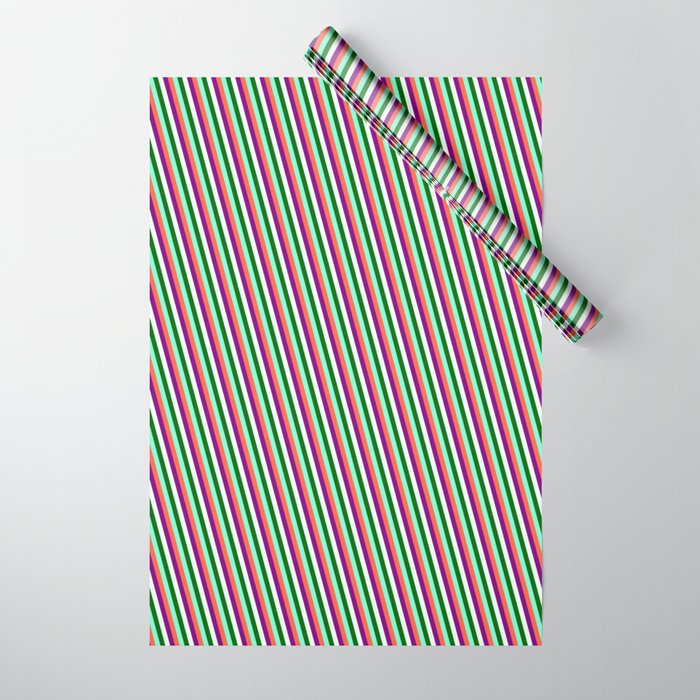 Colorful Red, Purple, Mint Cream, Dark Green, and Aquamarine Colored Stripes/Lines Pattern Wrapping Paper