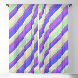 [ Thumbnail: Light Green, Dark Violet, Blue & Tan Colored Lines Pattern Sheer Curtain ]