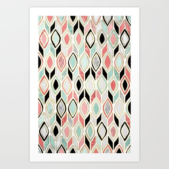 Patchwork Pattern in Coral, Mint, Black & White Art Print