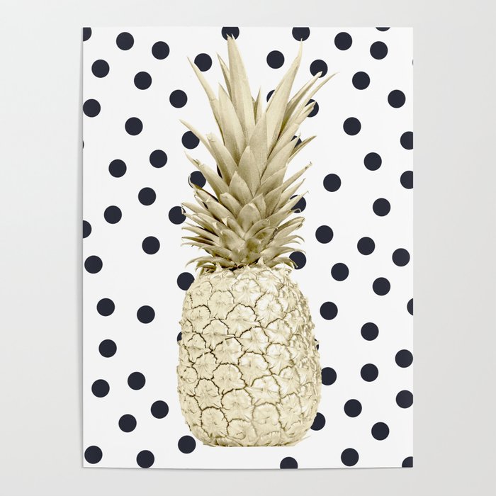 Gold Pineapple on Black and White Polka Dots Poster