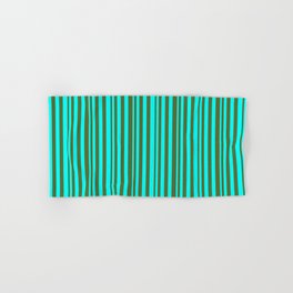 [ Thumbnail: Cyan and Dark Olive Green Colored Lined/Striped Pattern Hand & Bath Towel ]