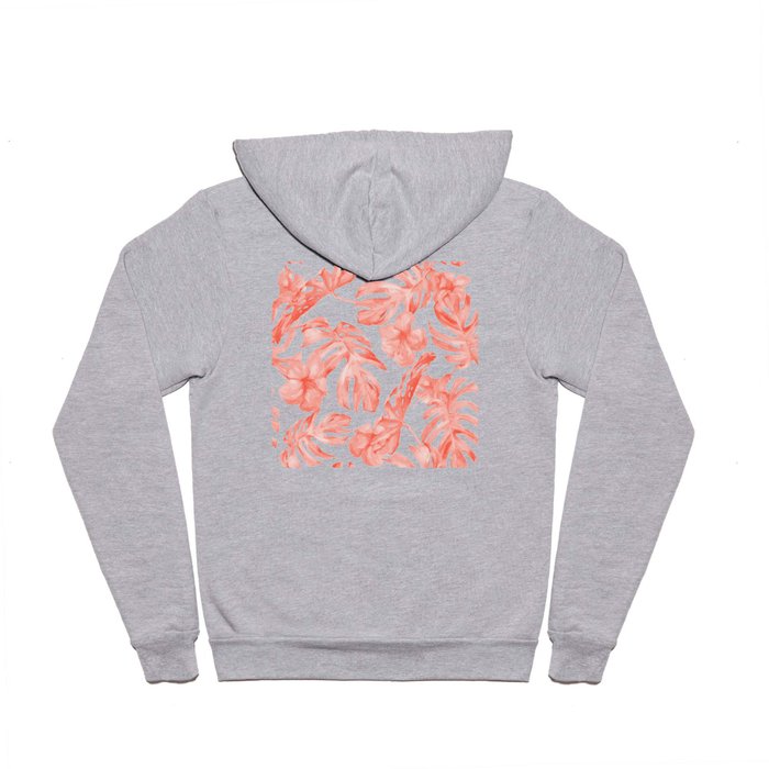 Tropical Hibiscus and Palm Leaves Dark Coral White Hoody