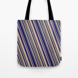 [ Thumbnail: Tan, Dim Gray, and Midnight Blue Colored Lined Pattern Tote Bag ]