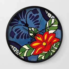 Vintage boho chic blue flower colorful mexican tile folk art  Wall Clock