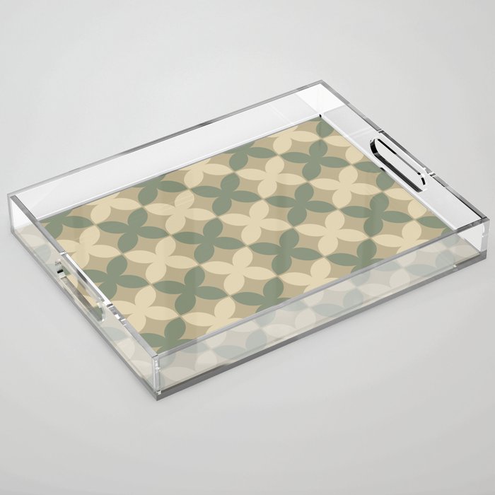 Geometric Flower Pattern 931 Sage Green and Beige Acrylic Tray