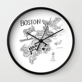 Boston Map Wall Clock | Boston, Drawing, Black and White, Map, Typography, Illustration, Digital 