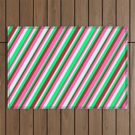 [ Thumbnail: Green, Brown, Hot Pink & Light Cyan Colored Striped Pattern Outdoor Rug ]