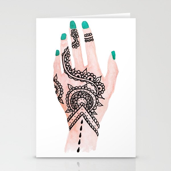 Modern watercolor hand  floral henna tattoo turquoise nails Stationery Cards
