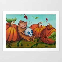 Cat with her skull in a pumpkin patch on Halloween Art Print