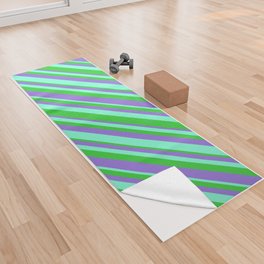 [ Thumbnail: Aquamarine, Lime Green, and Purple Colored Striped/Lined Pattern Yoga Towel ]