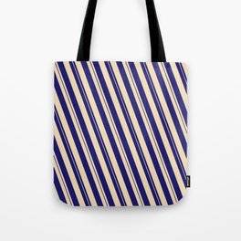 [ Thumbnail: Midnight Blue & Tan Colored Lined Pattern Tote Bag ]