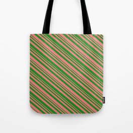 [ Thumbnail: Forest Green & Light Coral Colored Pattern of Stripes Tote Bag ]