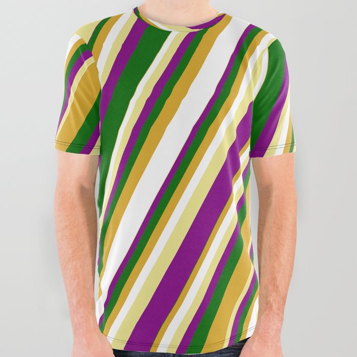 Tan, Purple, Dark Green, Goldenrod, and White Colored Lined/Striped Pattern All Over Graphic Tee