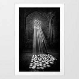 Rays of Sun through medieval blind window tracery black and white photograph / art photography Art Print