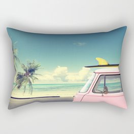 Vintage car in the beach with a surfboard on the roof Rectangular Pillow