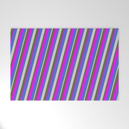 [ Thumbnail: Royal Blue, Light Grey, Dark Olive Green, and Fuchsia Colored Stripes Pattern Welcome Mat ]