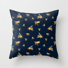 Bees, Bees, BEES! On dark blue background Throw Pillow