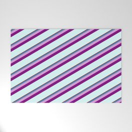 [ Thumbnail: Dark Red, Blue, Plum, Purple & Light Cyan Colored Stripes/Lines Pattern Welcome Mat ]