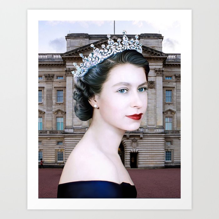 Queen Elizabeth II with Buckingham Palace Background Art Print