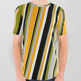 [ Thumbnail: Vibrant Green, Grey, Orange, Mint Cream, and Black Colored Lined/Striped Pattern All Over Graphic Tee ]