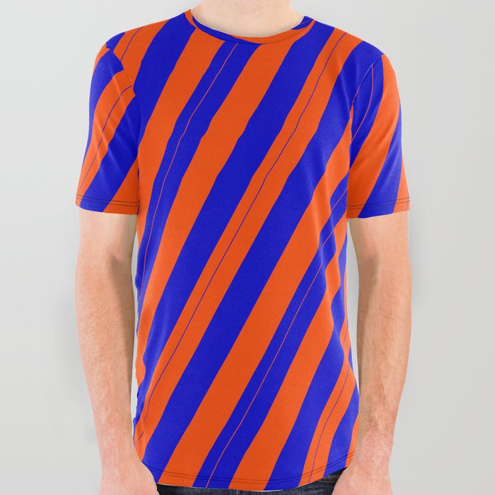 Blue & Red Colored Lines/Stripes Pattern All Over Graphic Tee