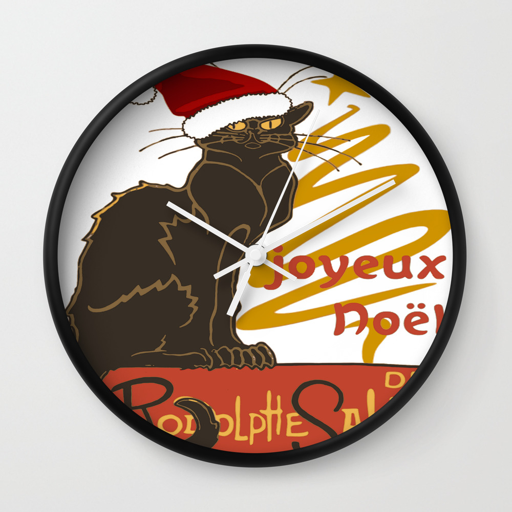 Joyeux Noel Le Chat Noir With Stylized Golden Tree Wall Clock By Taiche Society6