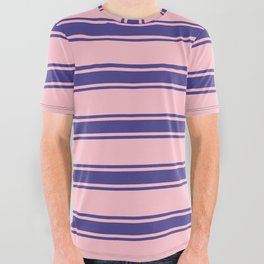 [ Thumbnail: Pink and Dark Slate Blue Colored Pattern of Stripes All Over Graphic Tee ]