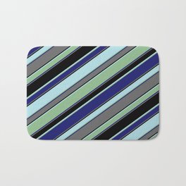 [ Thumbnail: Powder Blue, Dark Sea Green, Midnight Blue, Dim Gray, and Black Colored Striped/Lined Pattern Bath Mat ]
