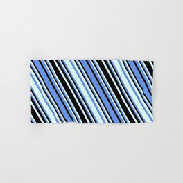 [ Thumbnail: Cornflower Blue, Black, and Light Cyan Colored Striped Pattern Hand & Bath Towel ]