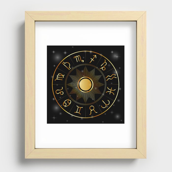 Zodiac astrology circle Golden astrological signs with moon sun and stars  Recessed Framed Print