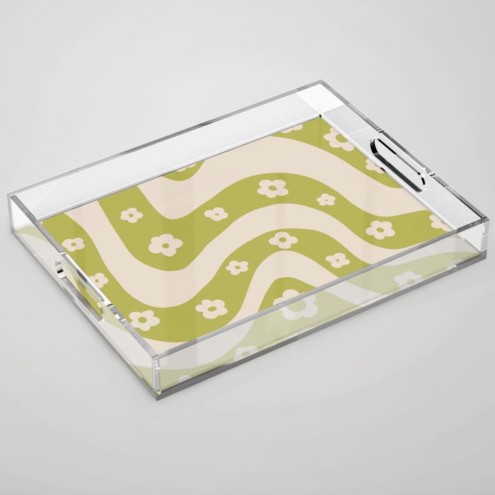 Green Swirl flowers 70s Retro Pattern Acrylic Tray