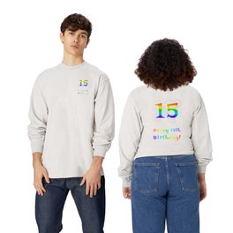 [ Thumbnail: 15th Birthday - Fun Rainbow Spectrum Gradient Pattern Text, Bursting Fireworks Inspired Background Long Sleeve T Shirt Long-Sleeve T-Shirt ]
