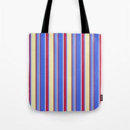[ Thumbnail: Pale Goldenrod, Cornflower Blue, Royal Blue & Crimson Colored Striped/Lined Pattern Tote Bag ]