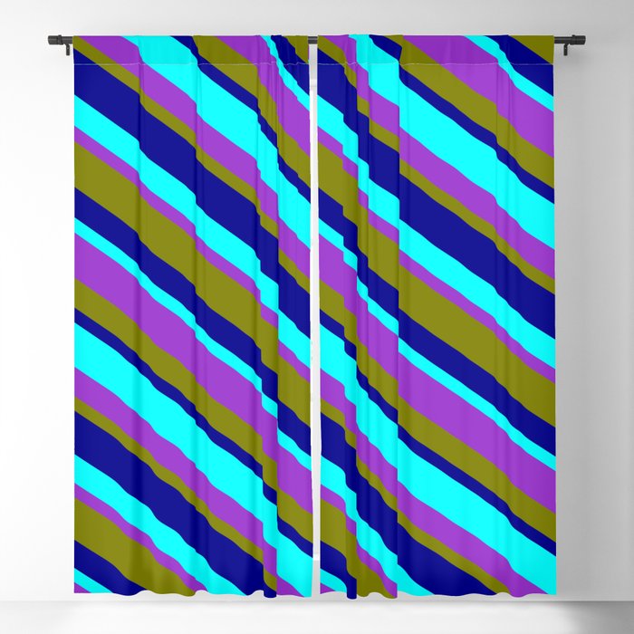Aqua, Dark Orchid, Green, and Dark Blue Colored Stripes/Lines Pattern Blackout Curtain