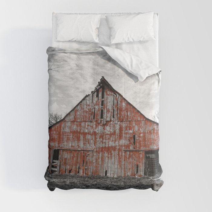 Worn Paint - Rustic Red Barn Against Black and White Landscape on Early Spring Day in Missouri Comforter