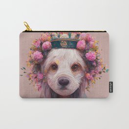 Dog with Flower Crown Portrait Carry-All Pouch | Watercolor, Bohemian, Digitalart, Roses, Princess, Pink, Artnouveau, Dogportrait, Flowercrown, Hyperrealistic 