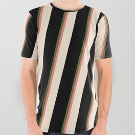 [ Thumbnail: Dark Olive Green, Light Coral, Beige, and Black Colored Striped/Lined Pattern All Over Graphic Tee ]