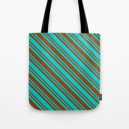 [ Thumbnail: Dark Turquoise & Brown Colored Lines/Stripes Pattern Tote Bag ]