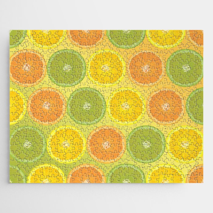 Yellow and green Watercolor Lemon Slices Pattern, Yellow Lemon print Background, Summer color Jigsaw Puzzle