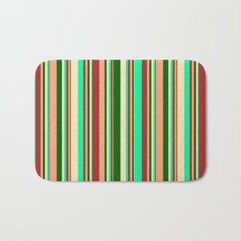 [ Thumbnail: Eye-catching Brown, Green, Beige, Dark Green & Light Salmon Colored Lined/Striped Pattern Bath Mat ]