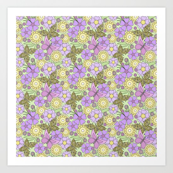 Bright floral pattern with butterflies. Art Print