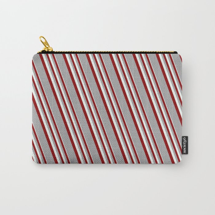 Mint Cream, Dark Red, and Dark Grey Colored Lines Pattern Carry-All Pouch