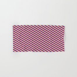 [ Thumbnail: Slate Blue, Maroon, Pink & Tan Colored Lines/Stripes Pattern Hand & Bath Towel ]