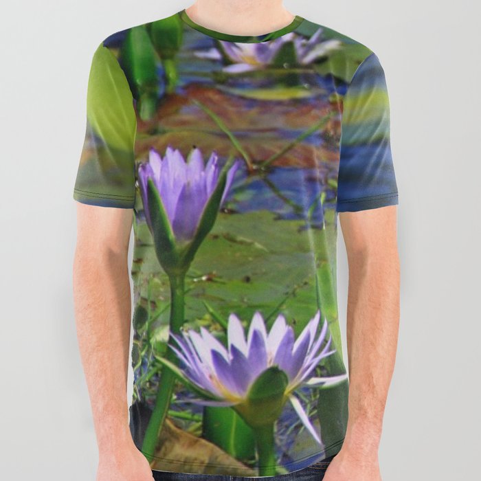 South Africa Photography - Lily Leaves And Flowers In The Water All Over Graphic Tee